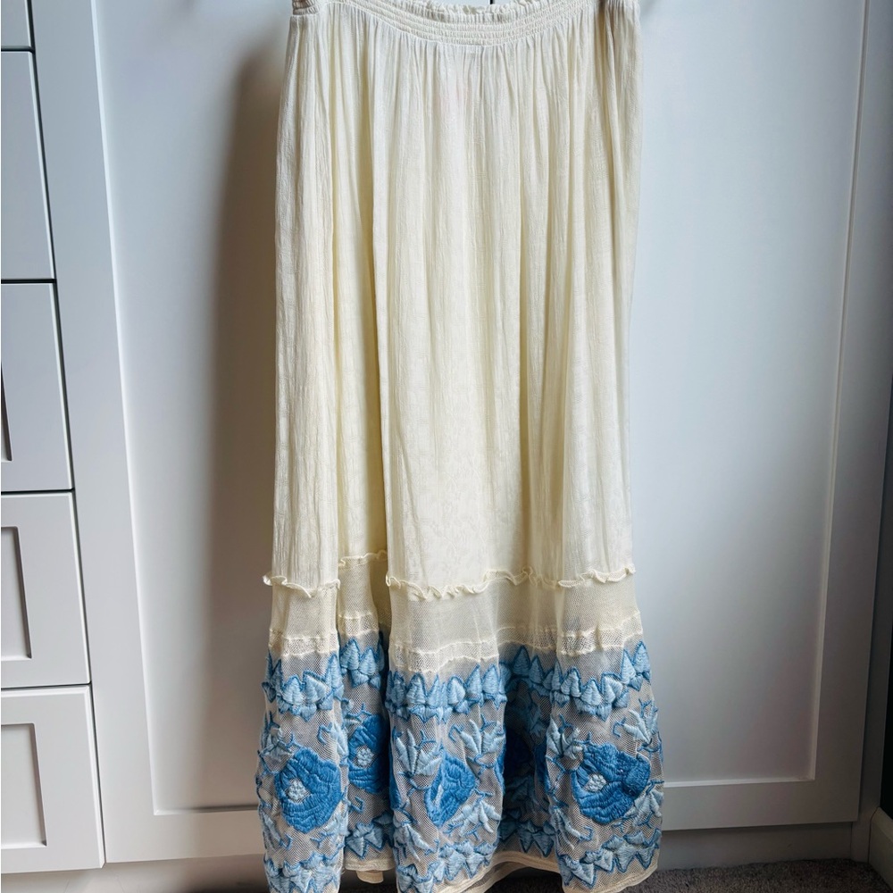 Flowy Cream and Blue Embroidered Skirt